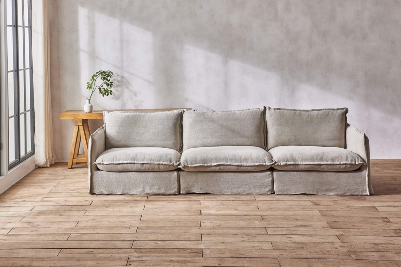 Sectional Sofa with Low Profile, Deep Seated Cream Woven Fabric