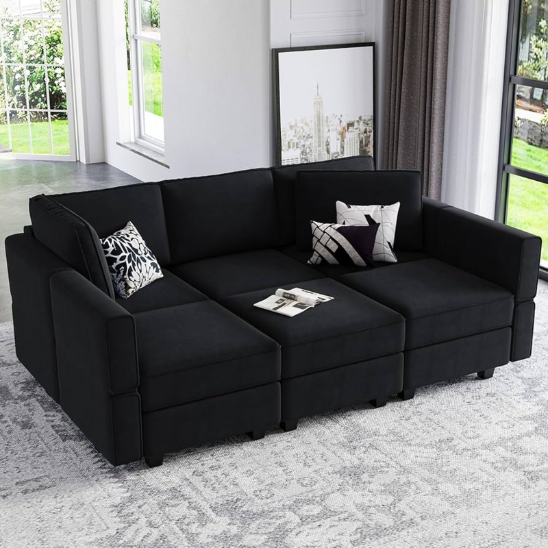 Sectional Sofa with Modular Design, Velvet-Like Texture and Gold Metal Legs