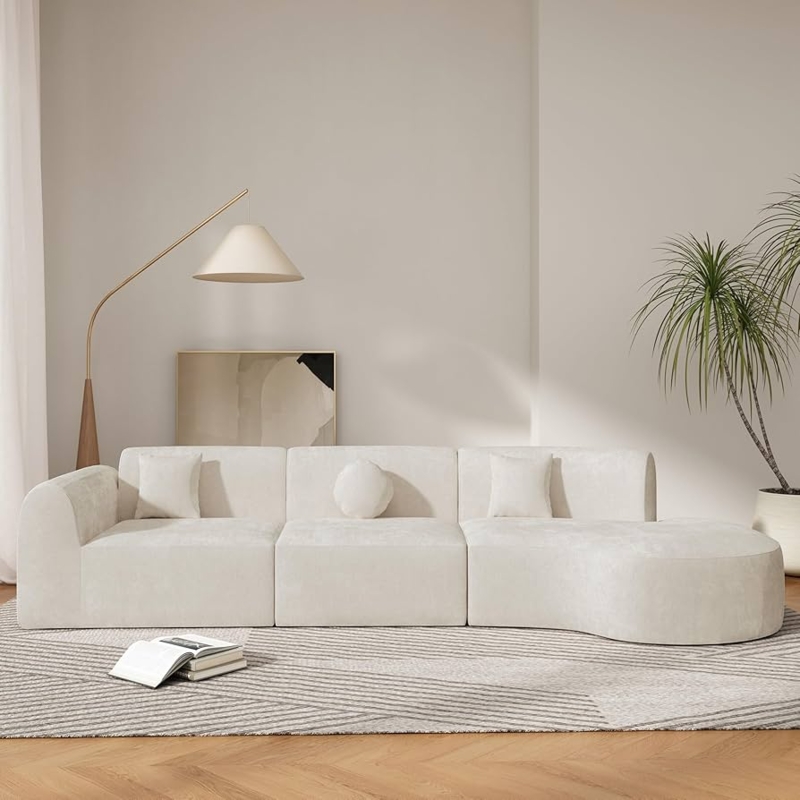 Sectional Sofa with Organic Shape, Beige Boucle Curved Chaise Lounge