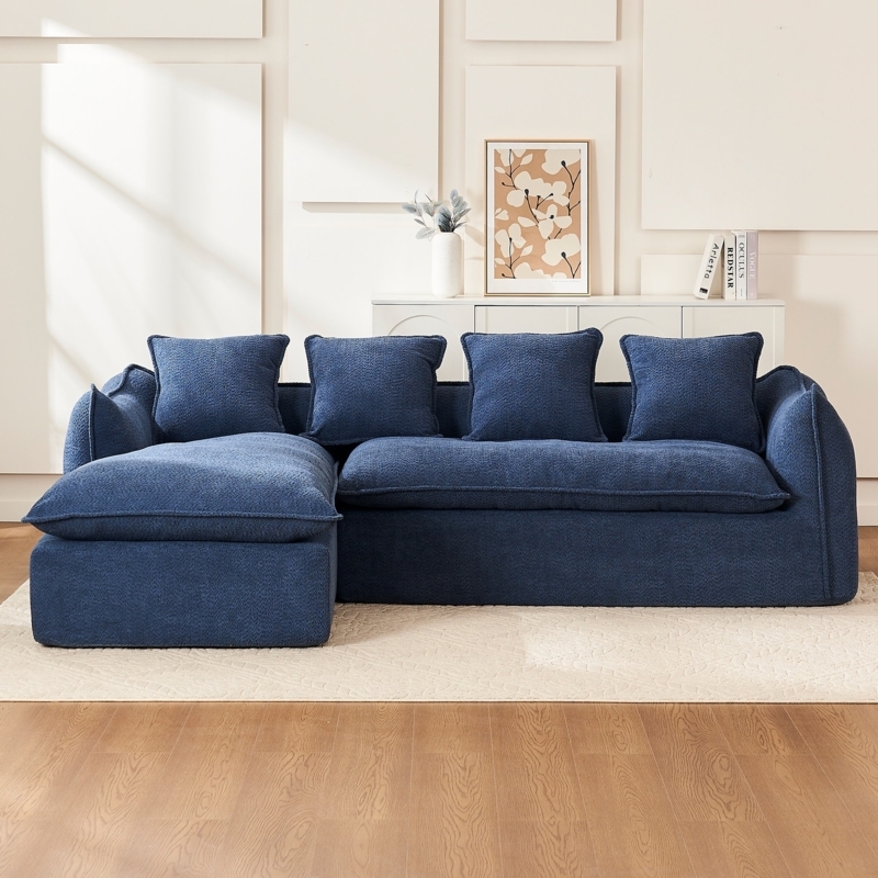 Sectional Sofa with Oversized Deep Seat, Modern Navy Blue Sectional Layout.