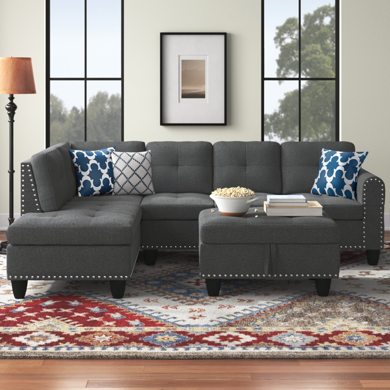 Sectional Sofa with Oversized Square Ottoman, Gray Sectional Sofa with Ottoman.