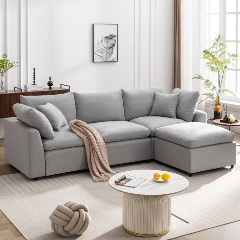 Sectional Sofa with Reversible Chaise, Overstuffed Cushions, and Block Arms