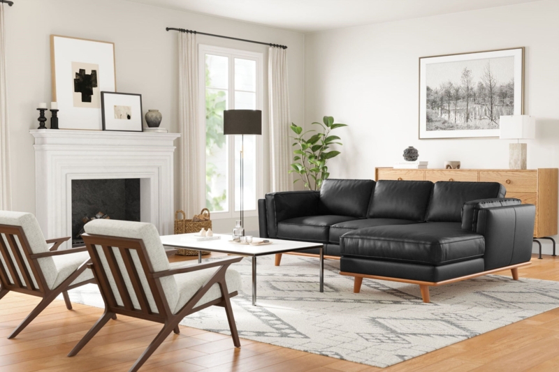 Sectional Sofa with Right Chaise, Low Profile and Architectural Block Form
