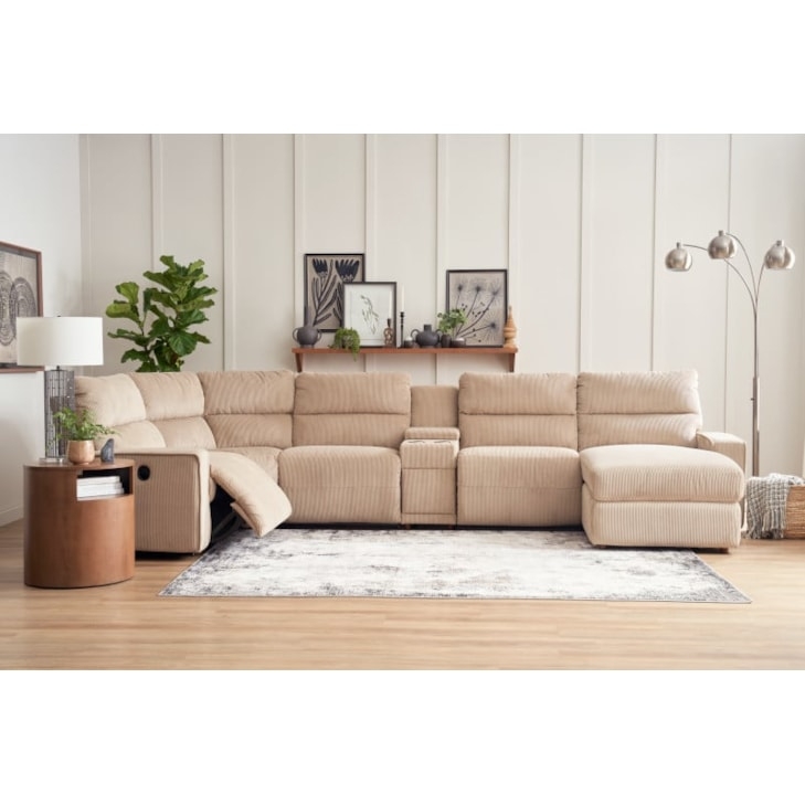 Sectional Sofa with Rolled Arms Grey Fabric Storage Console Casual