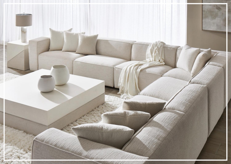 Sectional Sofa with Rounded Corners, Deep Seats, Cream Fabric