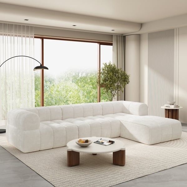 Sectional Sofa with Rounded Edges, Cream Boucle Low Profile Layout
