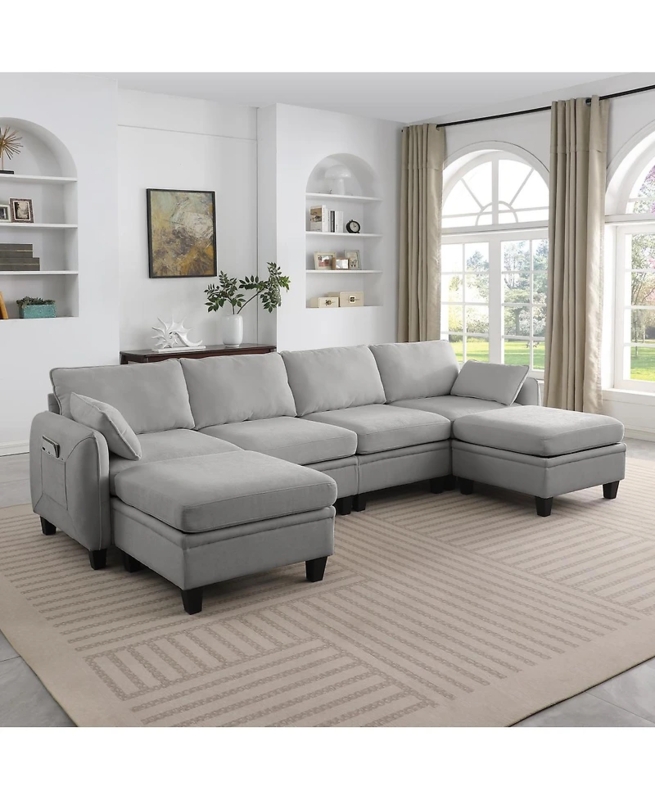 Sectional Sofa with Storage Ottoman in Grey Chenille Fabric