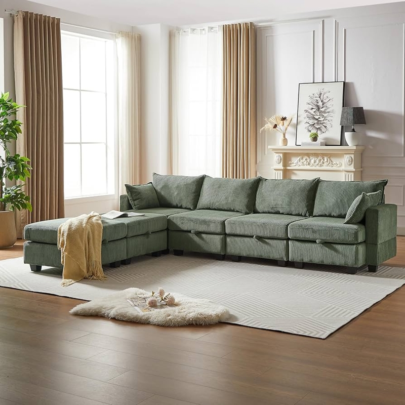 Sectional Sofa with Storage Ottoman: Sage Green Corduroy Modular Set