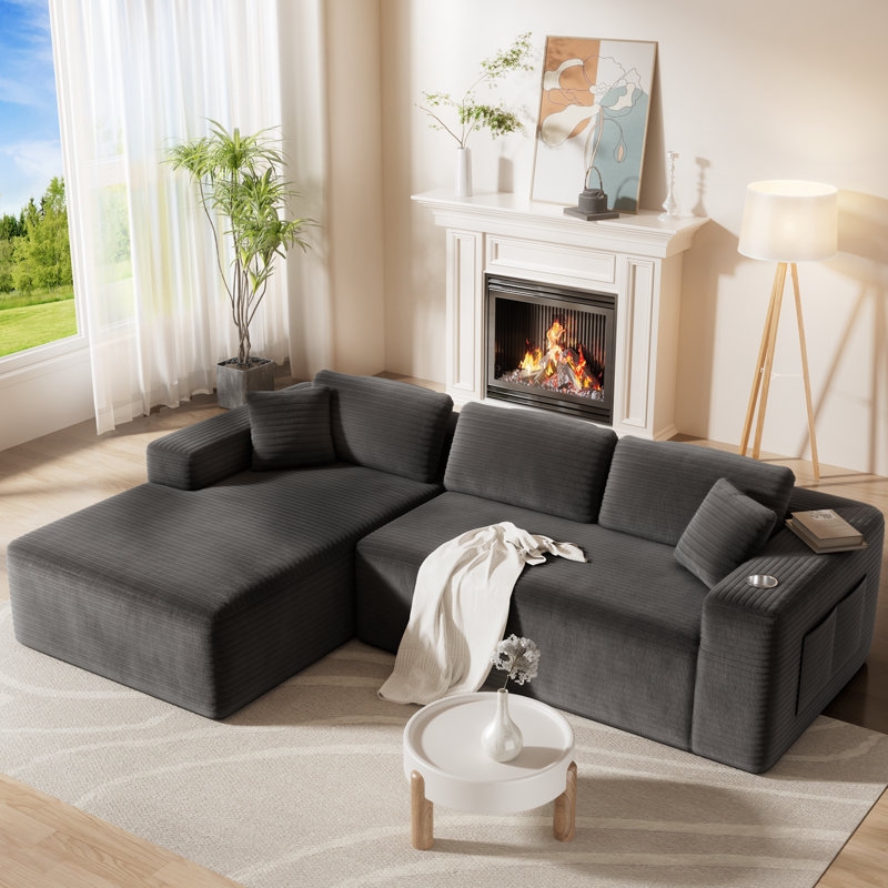 Sectional Sofa with Storage Pockets and Integrated Tray.