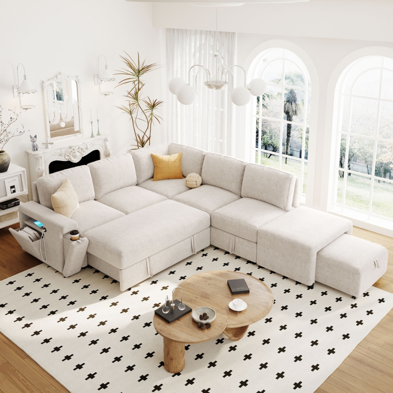 Sectional Sofa with Tufted Back and Cup Holders for Small Spaces