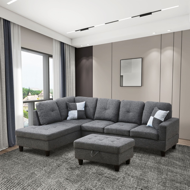 Sectional Sofa with Tufted Back Cushions, Gray Sectional Sofa Living Room.
