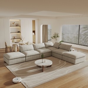 Sectional Sofa with V-Shaped Silhouette in Khaki Linen-Like Upholstery