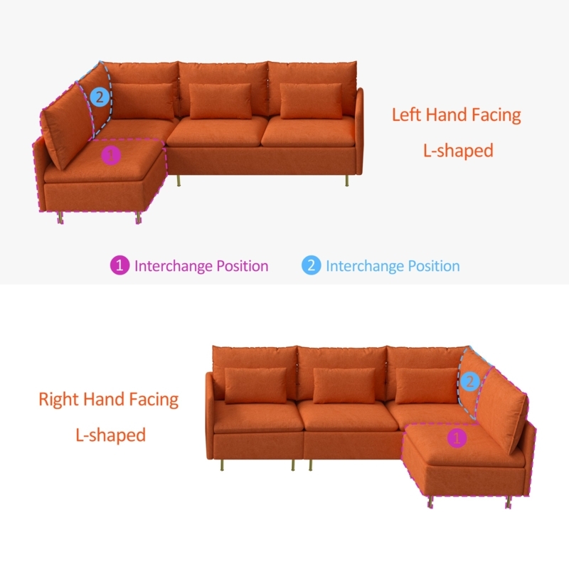 Sectional Sofa with Vibrant Orange Upholstery and Grid Tufted Details.