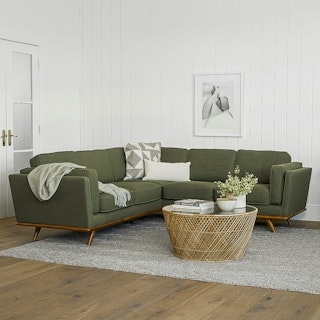 Sectional Sofa, Wood Base Trim, Modern L-Shaped Green Sectional
