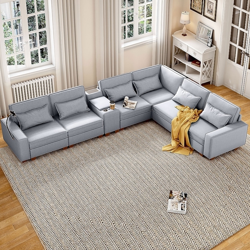 Sectional Sofa Woven Texture Light Grey L-Shaped Contemporary Styling