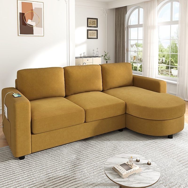 Sectional Sofa Yellow Curved Chaise Storage Pockets Contemporary