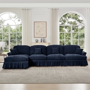 Shabby Chic Sectional Sofa Cream Ruffled Skirt with Movable Ottoman