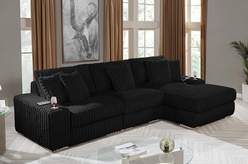 Shaggy Texture L-Shaped Sectional Sofa with Track Arms, Deep Seating