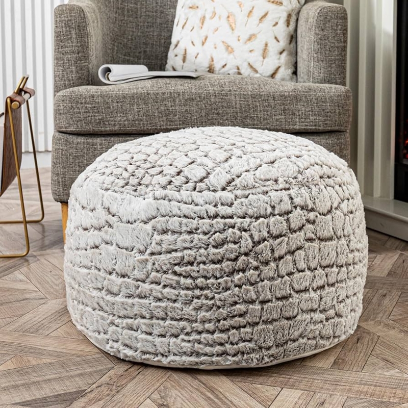 Shaggy White Faux Fur Pouf, Boho Floor Seating Round Ottoman