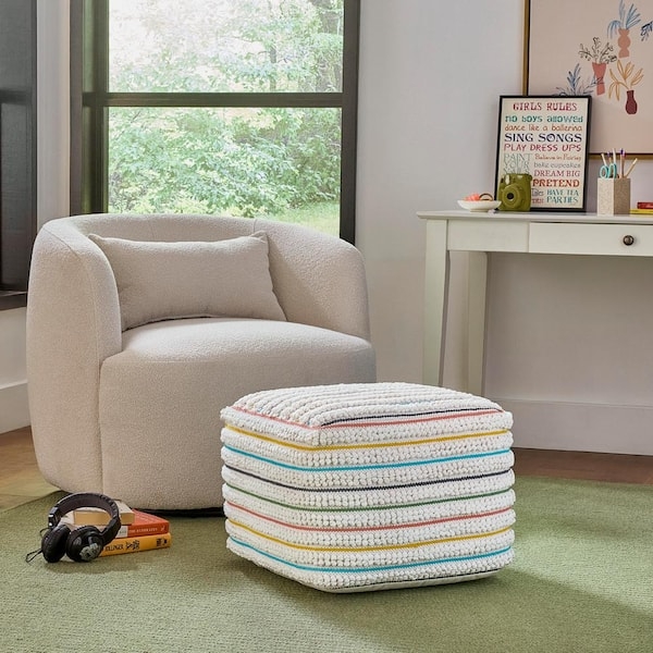Shaggy Woven Living Room Pouf Textured Navy And Coral Ottoman