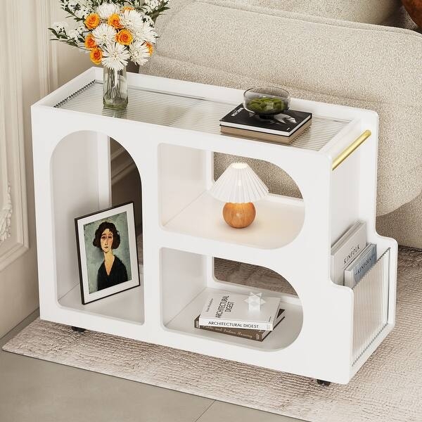 Side Table featuring Mobile Casters, C-Shaped Frame, Tempered Glass