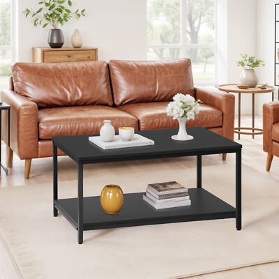 Side Table featuring Wood Shelves, Black Metal Frame, Industrial Style
