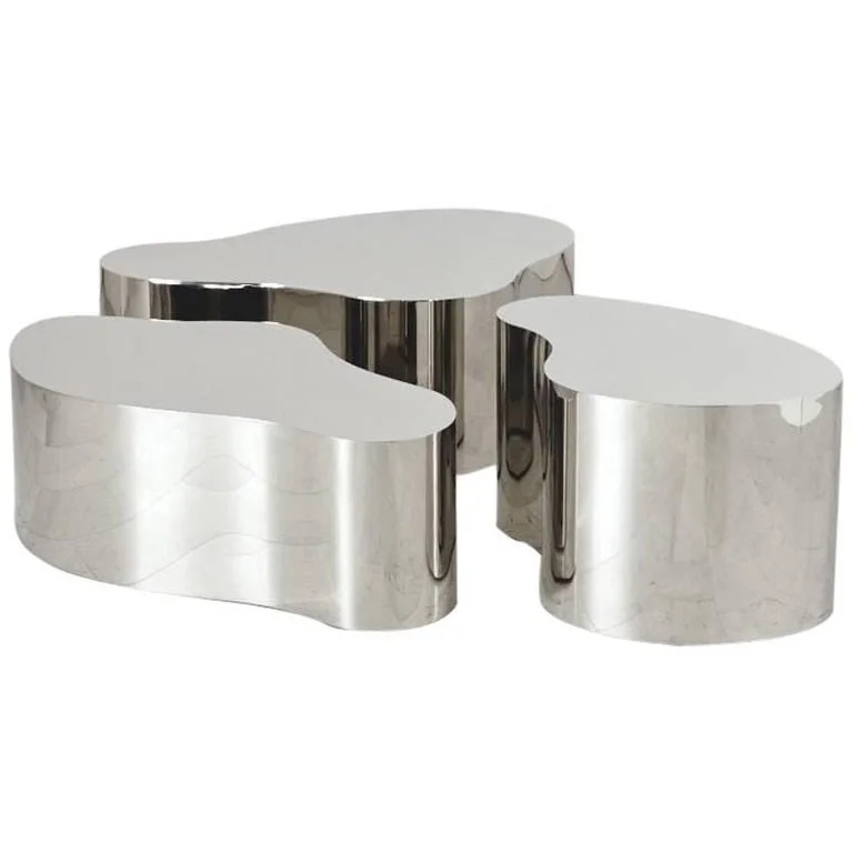 Side Table Set Cylindrical Polished Metal Nesting Drum Shape
