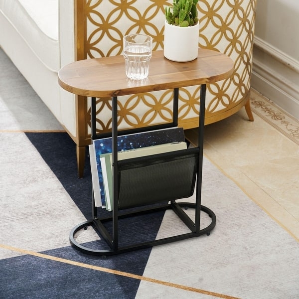 Side Table with Oval Shape, Wood Toned Finish, Two-Tier Storage