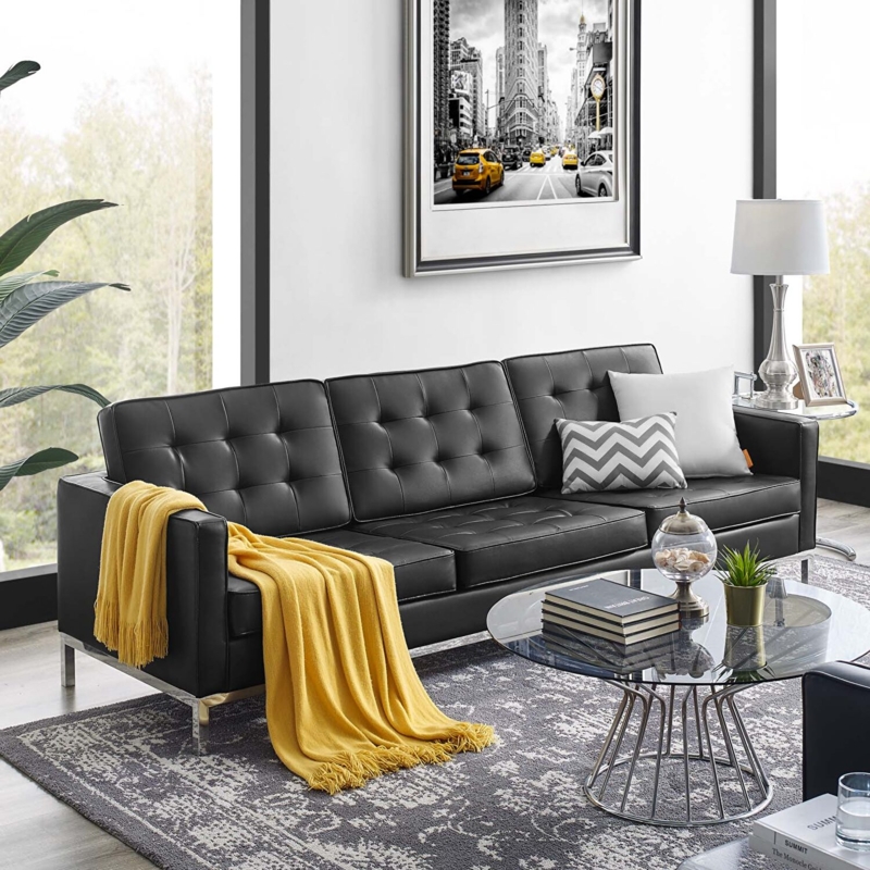 Silver Gray Tuxedo Sofa Button Tufting Black Metal Legs Modern Glam
