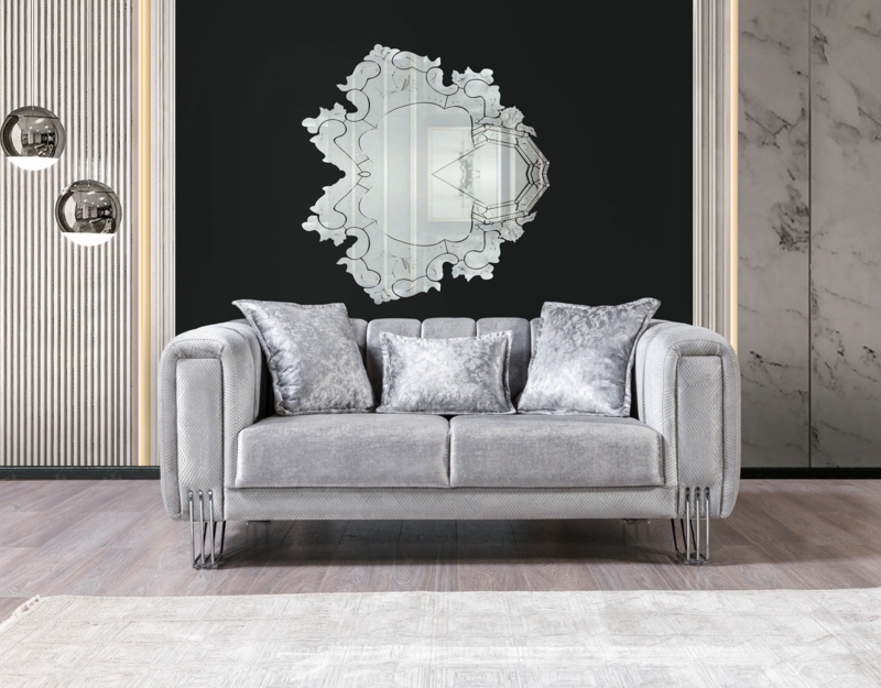 Silver Velvet Sofa Set with Vertical Channel Tufting