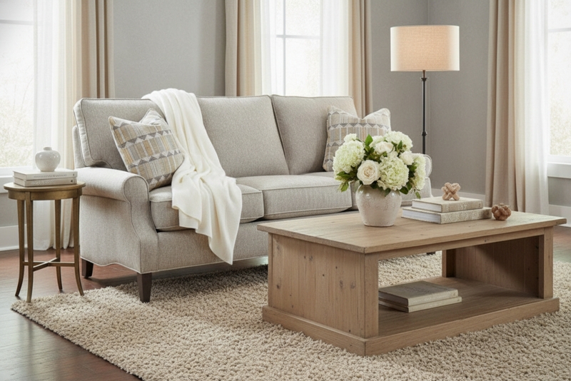 Skirted Sofa, Inset Rolled Arms, Transitional Design