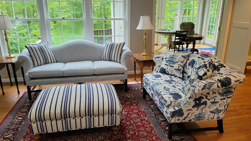 Slate Blue Camelback Sofa with Pleated Skirt Rolled Arms Classic Style