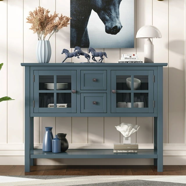 Slate Blue Console Table featuring Mullioned Glass Doors