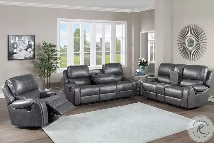 Slate Gray Reclining Living Room Set with Contrast Stitching