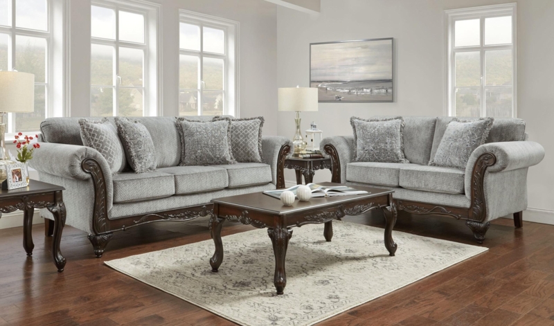 Slate Gray Sofa Living Room Set with Flared Arms.