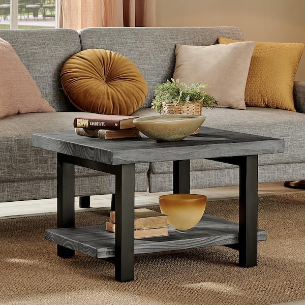 Slate Gray Wood Square Coffee Table with Industrial Metal Frame