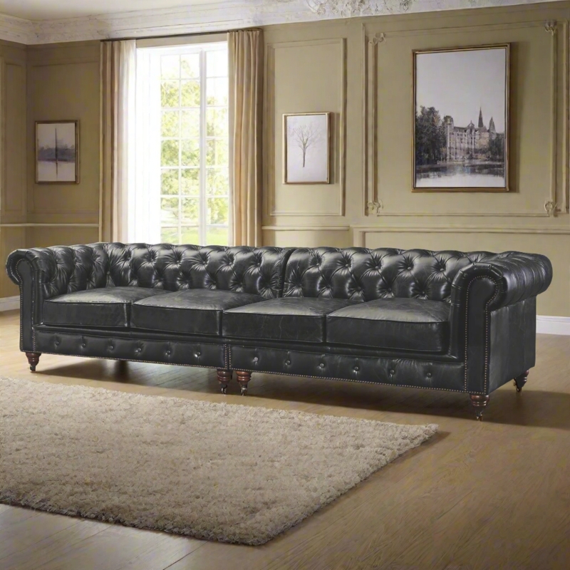 Slate Grey Chesterfield Sofa Leather Like 118 Inch Wide Bun Feet Stately