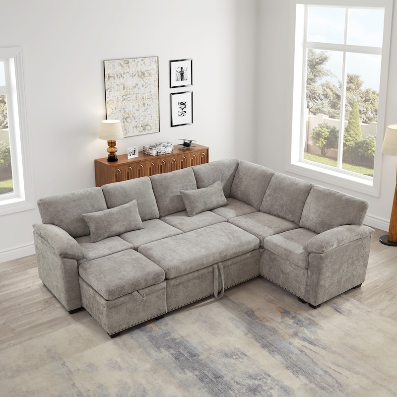 Sleeper Sectional Sofa Charcoal Chenille with Storage Seat Ottoman