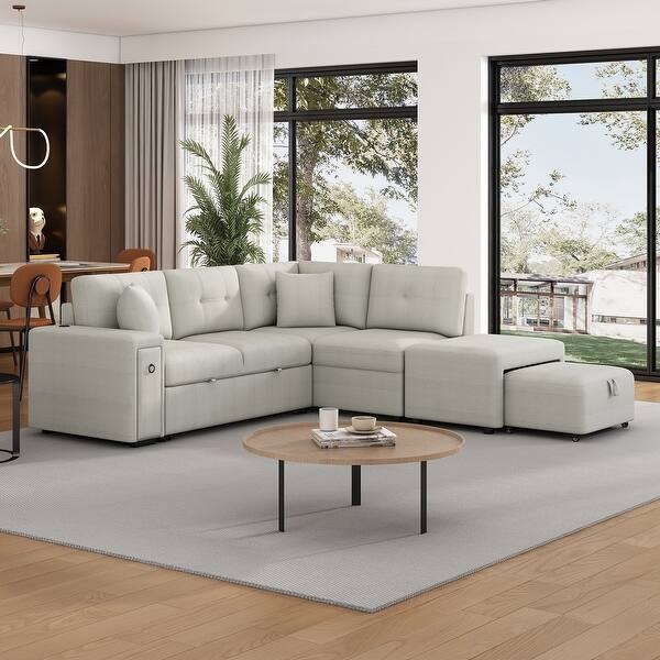 Sleeper Sectional Sofa Charcoal Grey L-shaped with Pull-out Bed and Cups