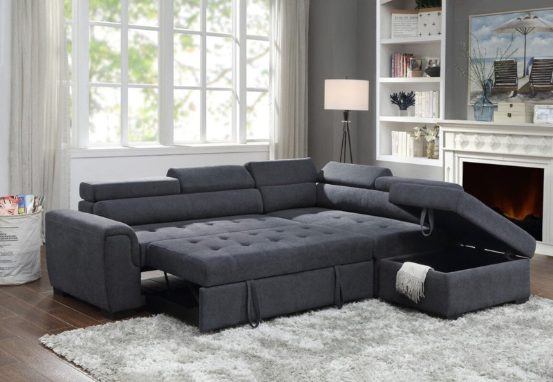 Sleeper Sectional Sofa Dark Gray Fabric Pull Out Tufted Seat