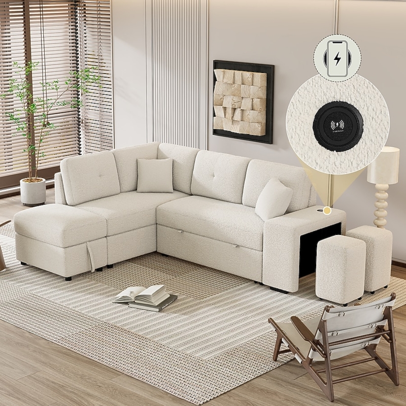 Sleeper Sectional Sofa with Pull-Out Bed & Hidden Stools