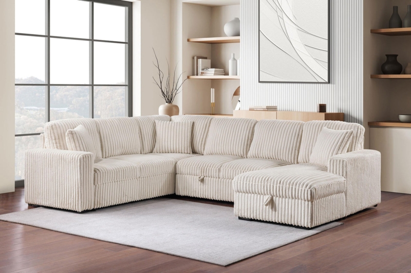 Sleeper Sectional Sofa with Storage Chaise and Adjustable Headrests