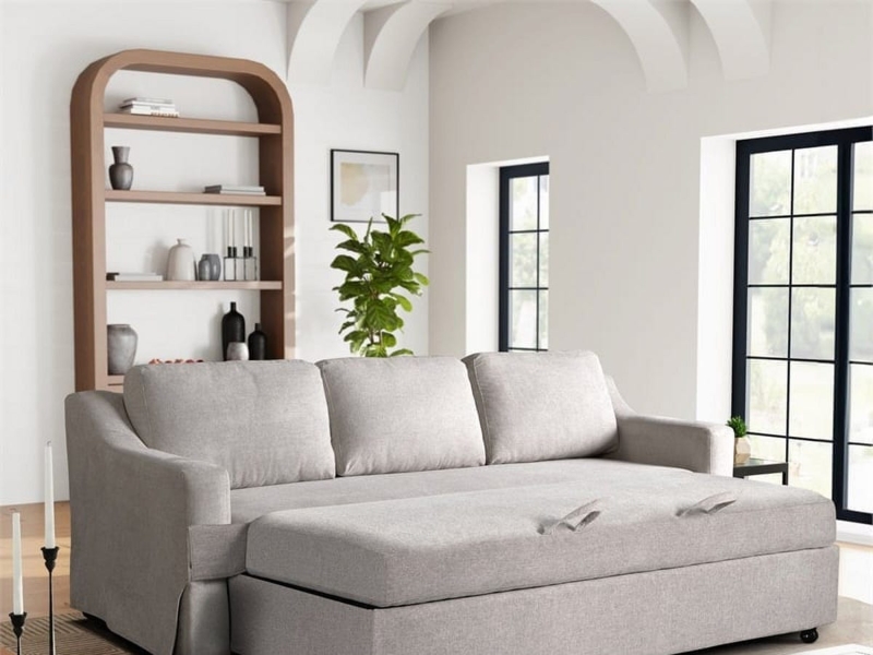 Sleeper Sofa Beige Button Tufted Split Back Linen-Like Mid-Century