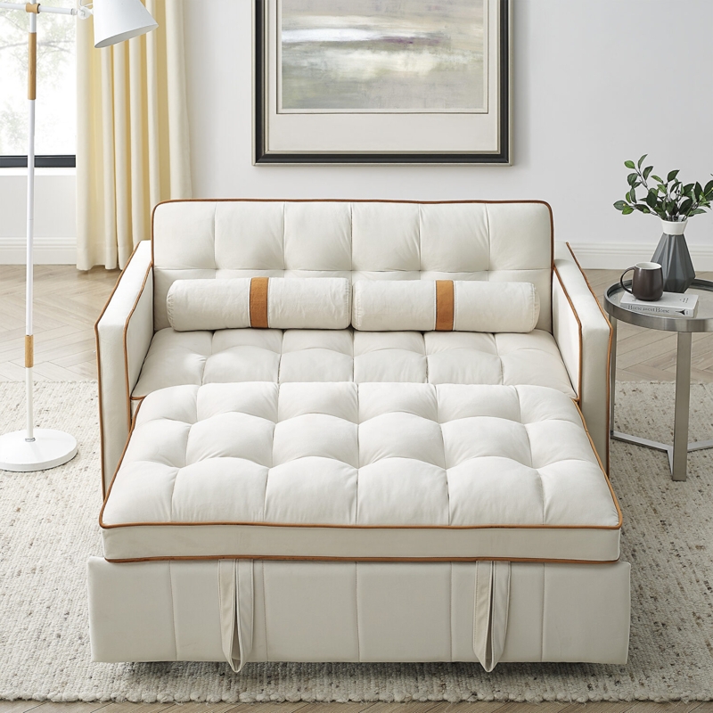 Sleeper Sofa Beige Tufted Hidden Storage Pull Out Track Arms