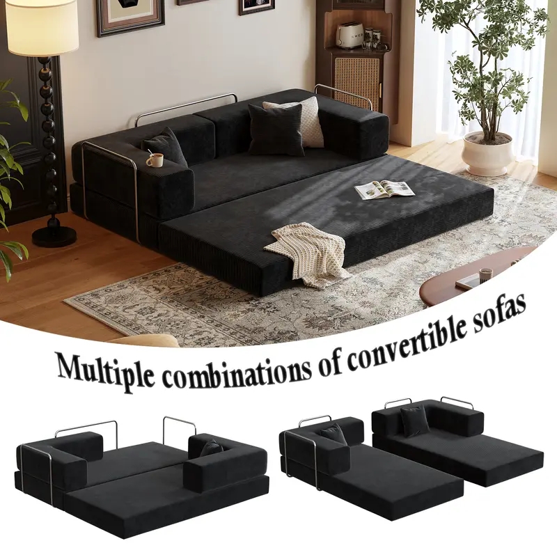 Sleeper Sofa Cream Linen Texture Split Back Track Arms Convertible