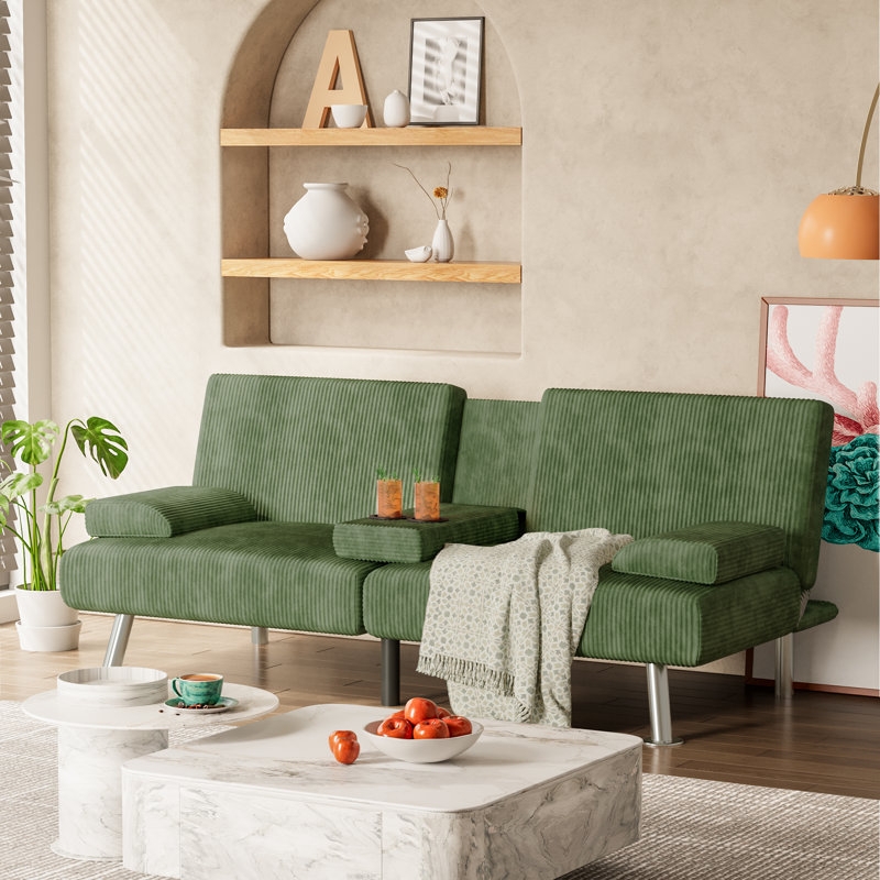 Sleeper Sofa Gray Corduroy Convertible Cup Holder Split Back Modern