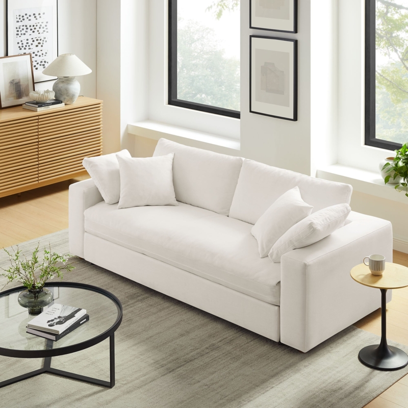 Sleeper Sofa in Cream Upholstery with Modular Design and Deep Seating