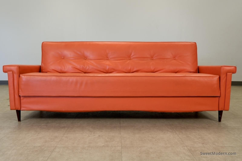 Sleeper Sofa Teal Armless Fold Down Mechanism Tapered Legs Retro Vintage