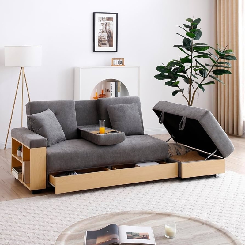 Sleeper Sofa with Fold Down Table and Integrated Cup Holders