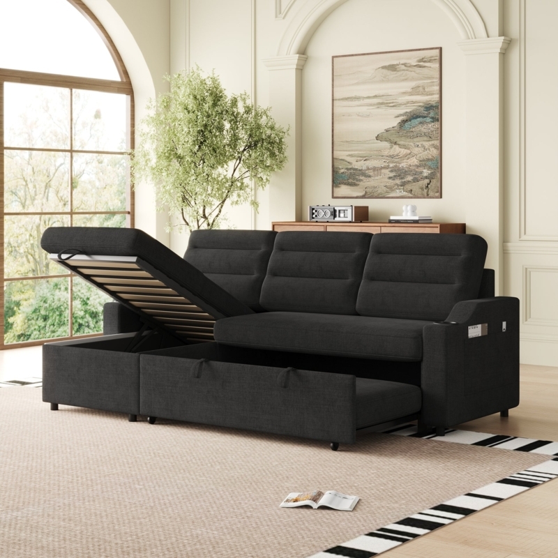 Sleeper Sofa with Integrated Cup Holders and Storage Pockets